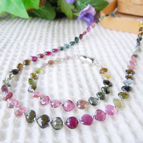 TMX-4-SET: Mixed Color Tourmaline Necklace & Bracelet (Heart Beads) Combo